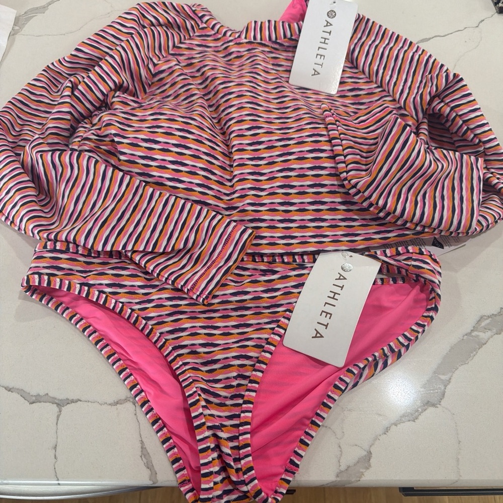 Athleta Pink Multicolor Striped Mid-Rise Swim Bottom